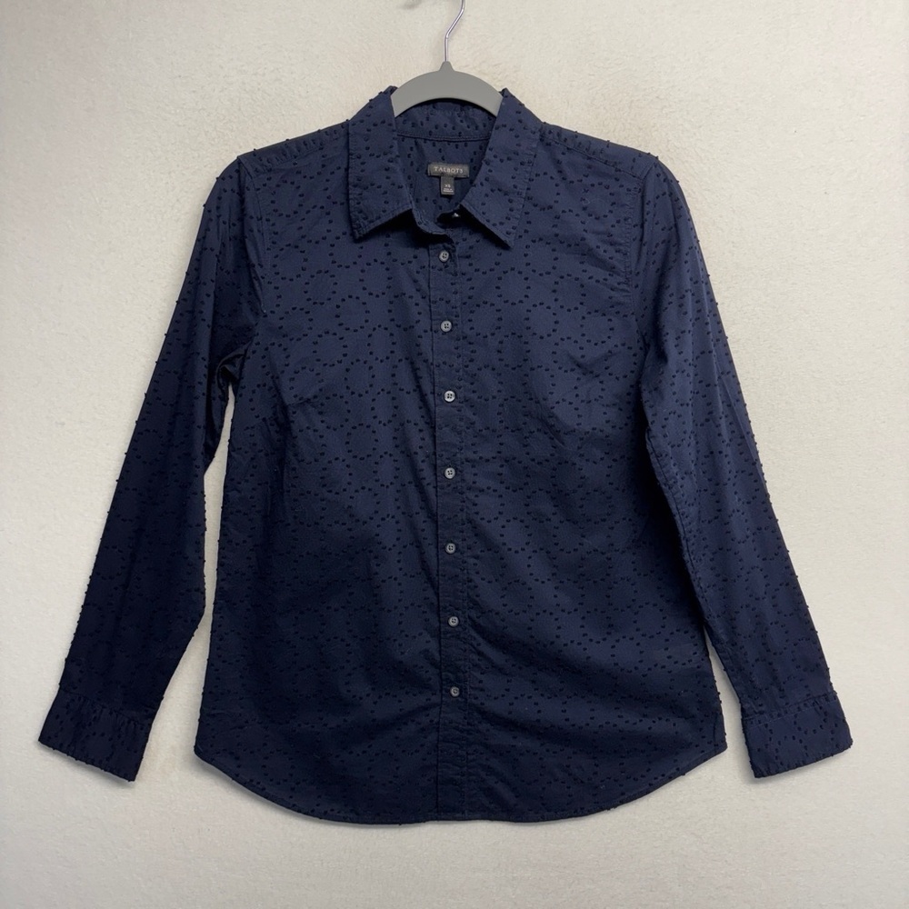 Talbots XS Navy Blue Long Sleeve Collared Button Down Shirt Swiss Dot Blouse‎